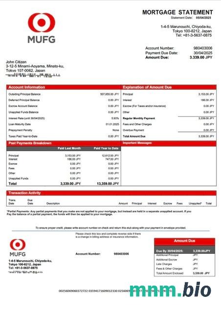 Japonia The Bank of Tokyo-Mitsubishi UFJ (MUFG) wyciąg z kredytu hipotecznego szablon Word i PDF